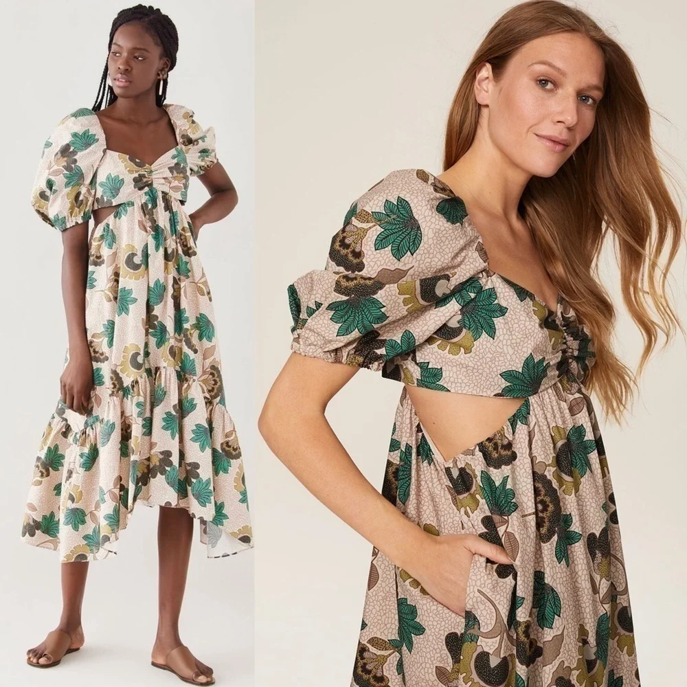 AUTUMN ADEIGBO Floral Print Puff Short Sleeve Cutout Tiered Ruffle Midi Dress 16